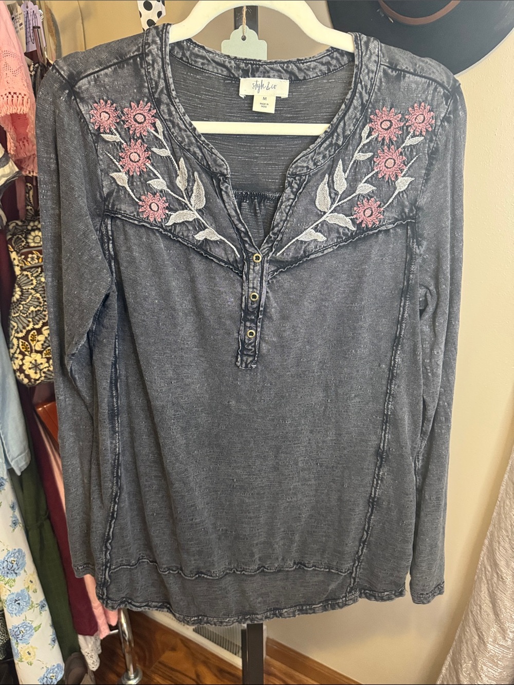 Style & Co. Charcoal Washed Long-Sleeve Henley with Pink Floral Embroidery